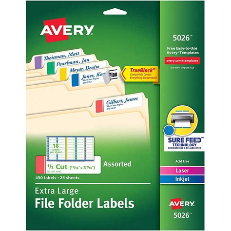 Avery Extra-Large File Folder Labels in Assorted Colors for Laser and Inkjet Printers with ...