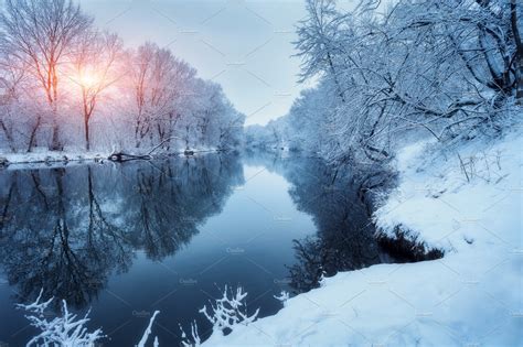 Winter forest on the river at sunset colorful landscape with snowy trees | Nature Stock Photos ...