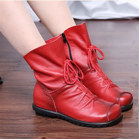 2017 Vintage Style Genuine Leather Women Boots Flat Booties Soft Cowhide Women's Shoes Front Zip ...