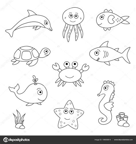 Black White Set Sea Animals Vector Cartoon Collection Stock Vector ...