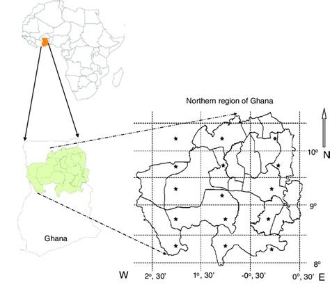 Geographic location of the northern region of Ghana showing the ...