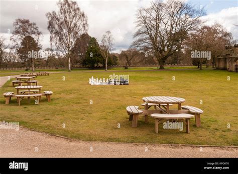 The lawn chess set and benches in the gardens of Auckland Castle ...