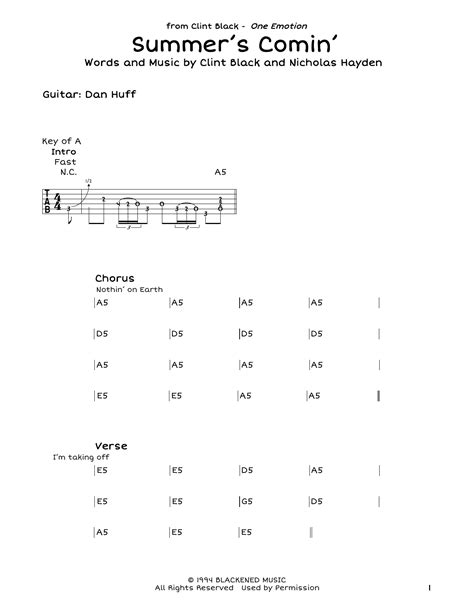 Summer's Comin' by Clint Black - Guitar Lead Sheet - Guitar Instructor