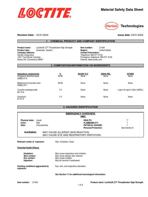 MSDS Henkel Loctite 277 Threadlocker Sealant Thread 10ml 21434 (1 ...
