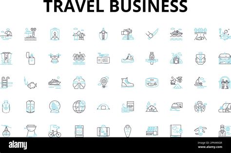 Travel business linear icons set. Adventure, Exotic, Leisure, Culture, Destination, Escape ...