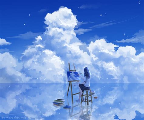 #53554 Girl HD, School Uniform, Reflection, Painting, Blue Hair, Cloud ...