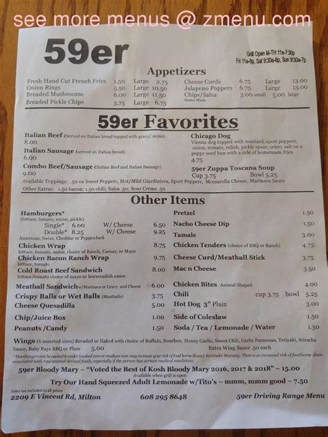 Online Menu of 59er Bar & Grill Restaurant, Milton, Wisconsin, 53563 - Zmenu