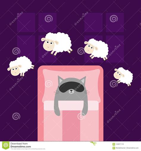 Cute Gray Cat Sleeping Mask. Jumping Sheeps. Cant Sleep Going To Bed Concept. Counting Sheep ...