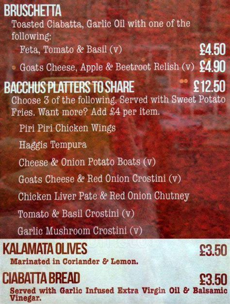 Menu at Bacchus Bar, Glasgow