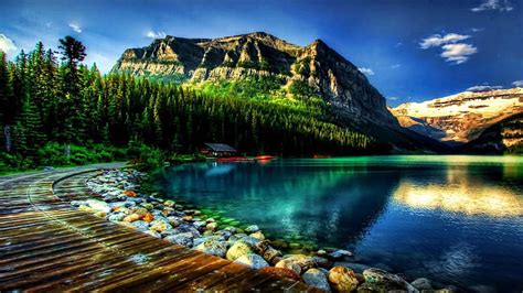 Wood Dock Path Stones Towards House In Green Trees Forest Mountains ...