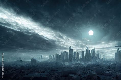 Panorama of dystopian sci-fi city / Digital artwork of futuristic post ...