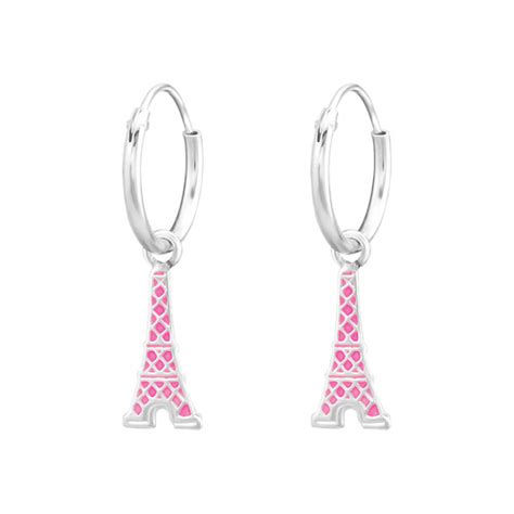 Pink Enamel Eiffel Tower Dangle Earrings in Sterling Silver - The Jewelry Vine