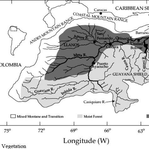 Map of the Orinoco River basin, showing major geographic regions,... | Download Scientific Diagram