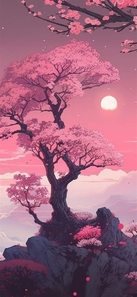 a painting of a tree with pink flowers in the foreground and a full ...