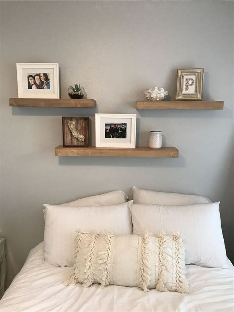 3 shelves above bed. White and grey bedroom. Fun room makeover :) | Bedroom wall decor above bed ...