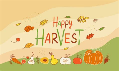 Autumn. Happy Harvest. Banner, postcard Happy harvest. Fruits, vegetables, autumn leaves ...