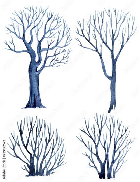 Watercolor set of tree silhouettes isolated on white background ...