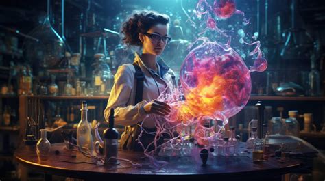 A mad scientist mixes bubbling chemicals as beakers, books, and strange creatures surround her ...
