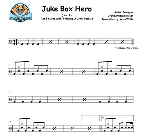 Foreigner, Juke Box Hero Drum Transcription Level 2