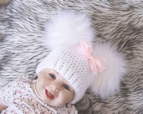 White Baby girl double pom pom hat with bow Preemie hat | Etsy