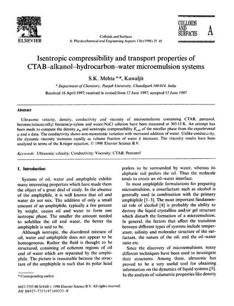 (PDF) Isentropic compressibility and transport properties of CTAB-alkanol-hydrocarbon-water ...