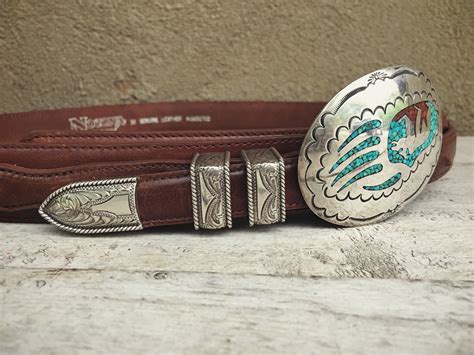 Sterling Silver Belt Buckle for Men with Crushed Turquoise and Coral Bear Claw Design, Native ...