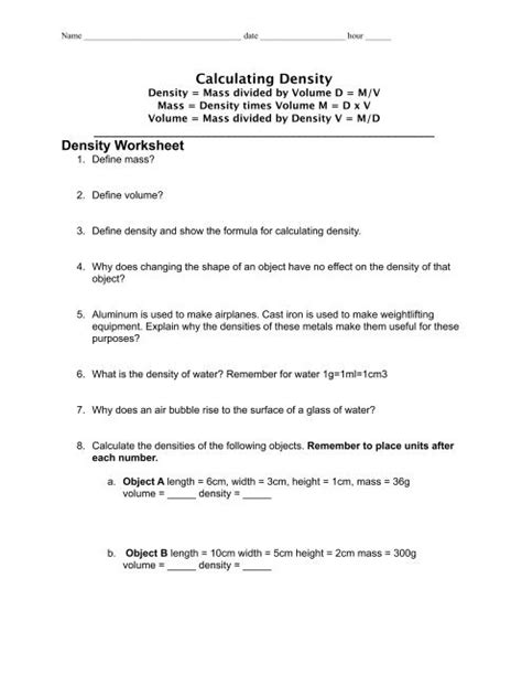 Density Calculations Worksheet 1