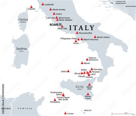 Italy, active and extinct volcanoes, political map. Active, dormant and underwater volcanoes in ...