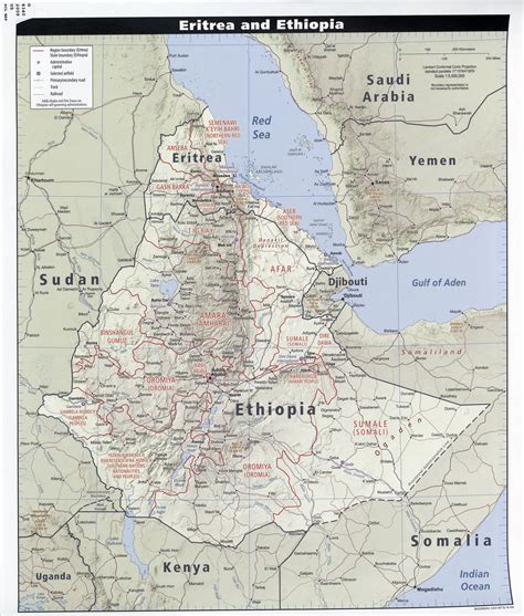 Large detailed political and administrative map of Ethiopia and Eritrea with relief, roads ...