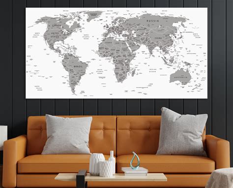 World Map Canvas World Map Decor White Gray Map Large World - Etsy