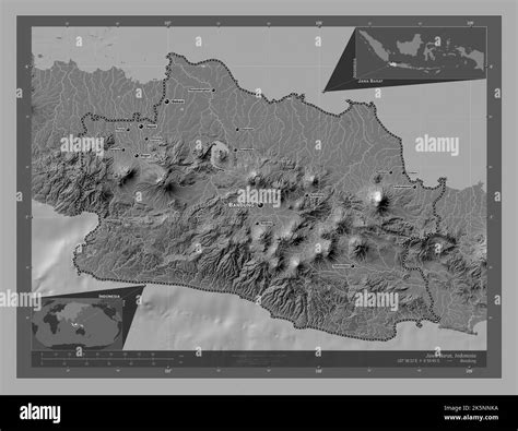 Jawa Barat, province of Indonesia. Bilevel elevation map with lakes and rivers. Locations and ...