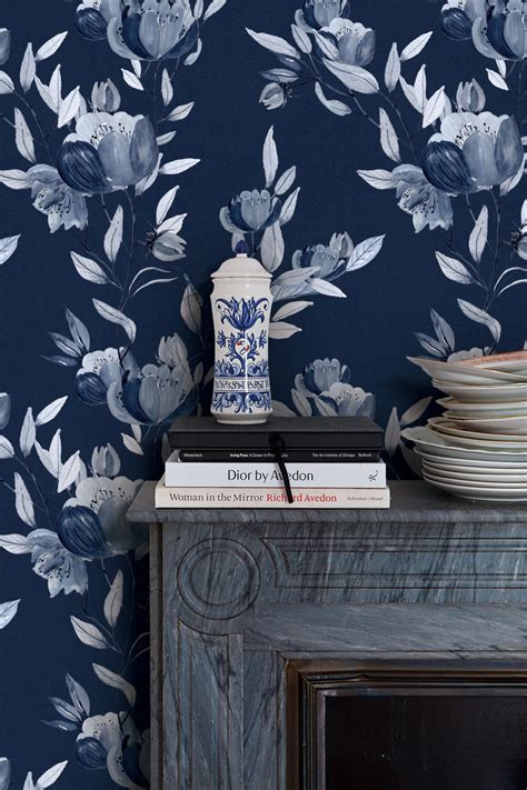 Indigo Blue Floral Peel and Stick Removable Wallpaper in US Modern Style – RollsRolla