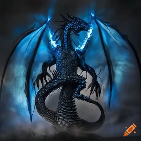 Illustration of black and blue dragons amidst flames