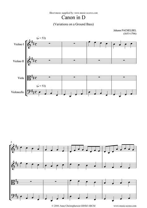 Sheet music for Canon: String Quartet: 2 violins viola cello by Johann Pachelbel