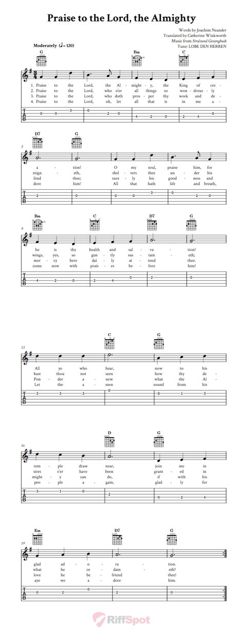 Praise to the Lord, the Almighty - Easy Guitar Sheet Music and Tab with ...