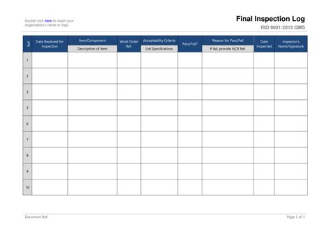 Final Inspection Log Template - Fill Out, Sign Online and Download PDF ...