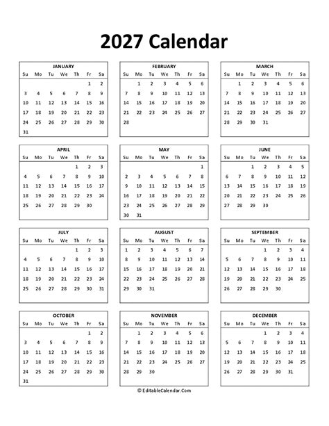 Download Free Printable 2027 Calendar (PDF Version)