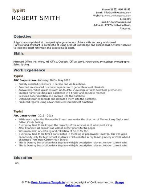 Typist Resume Samples | QwikResume