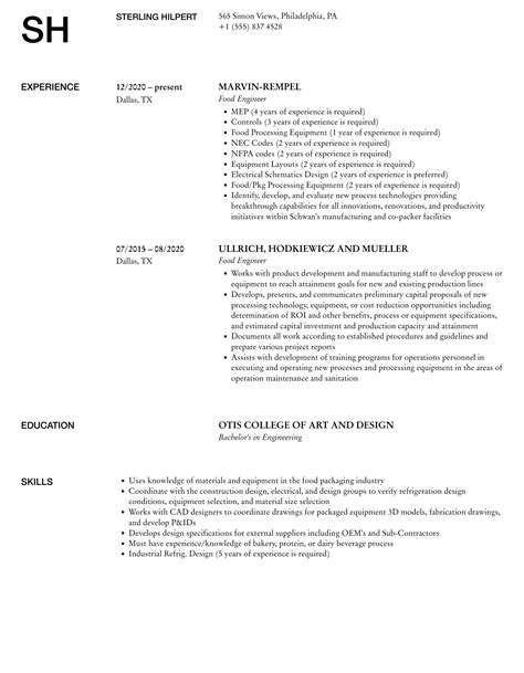 Food Engineer Resume Samples | Velvet Jobs