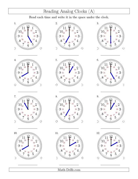 The Reading Time on 24 Hour Analog Clocks in Hour Intervals (A) | Clock worksheets, Time ...