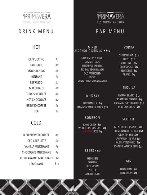 Our Menu - Primavera Restaurant & Bar