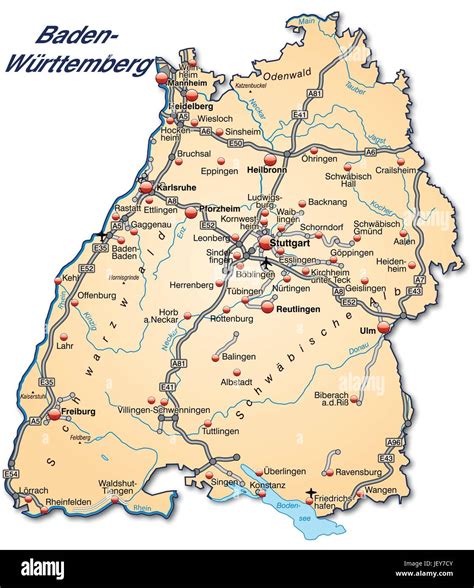 map of baden-wuerttemberg with transport network in pastel orange Stock ...