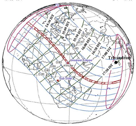 Path of the annular solar eclipse of 03 October 2005 over the globe (... | Download Scientific ...