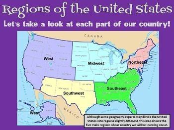 the united states map with regions labeled in green and red, along with words that read regions ...