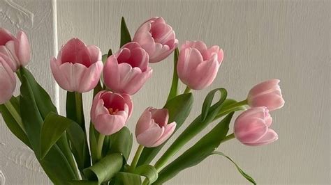 a vase filled with pink tulips sitting on top of a table next to a ...
