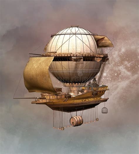 3d Illustration of a Fantasy Airship in Steampunk Style on Isolated White Background Stock ...