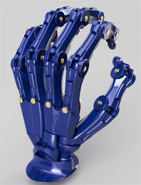 a blue robotic hand with gold rivets