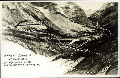 Postcard 9630: Harmon Byron, Spiral Tunnels, Field B.C. Dotted lines show route through ...