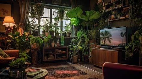 Premium AI Image | A living room with a tv and plants on the wall