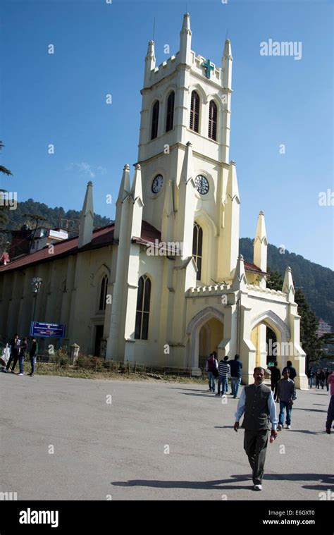 Visitors on the Ridge with Christ Church tower in Shimla , Himachal ...